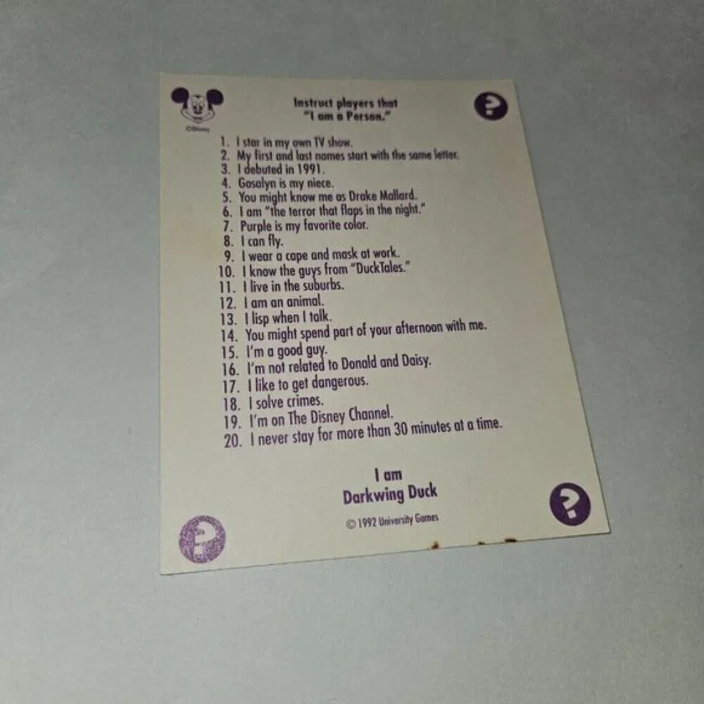 VTG Disney's 20 Questions Guessing Game Cards Characters People Place Thing 1992